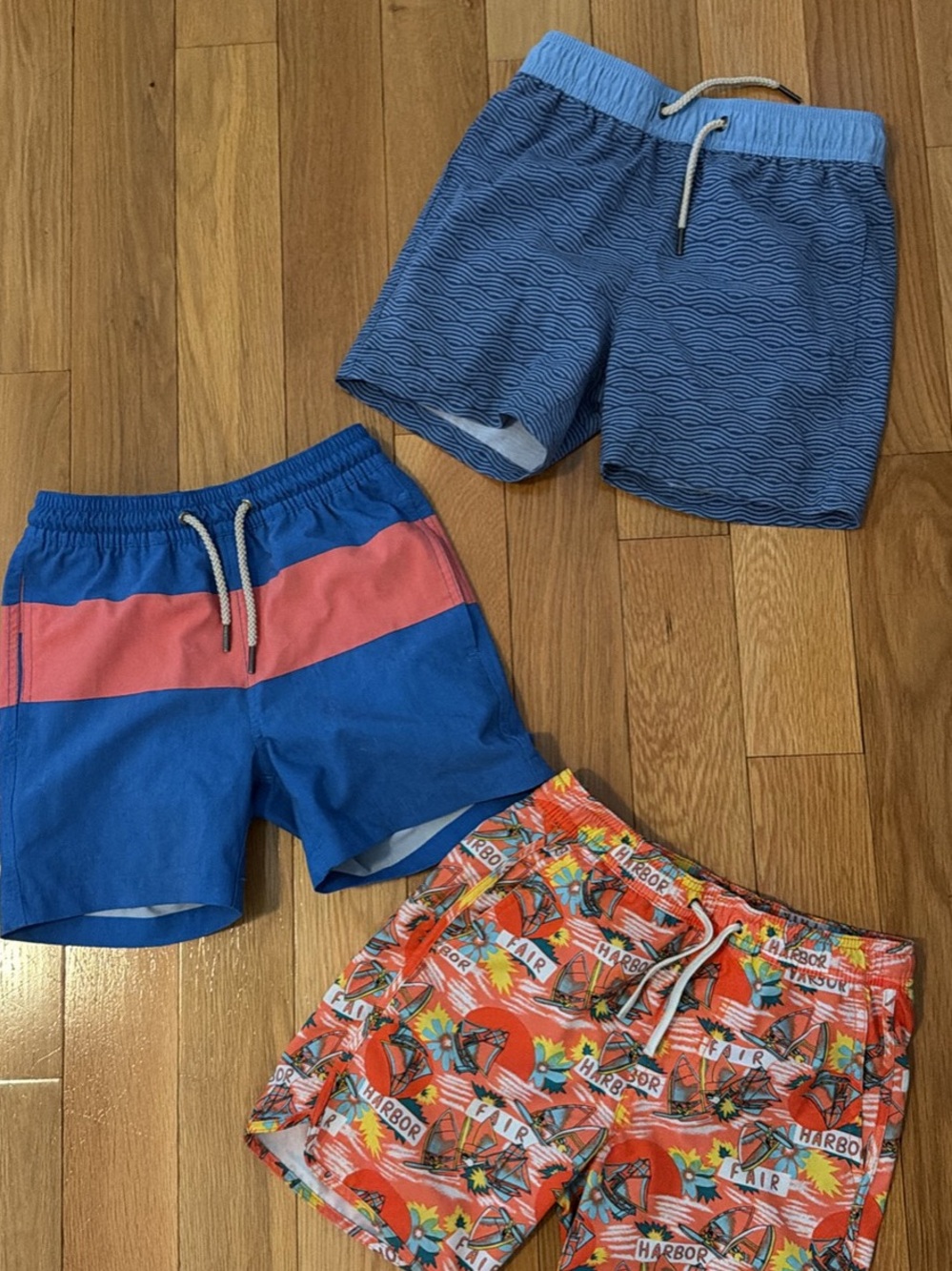Fair Harbor Kids Blue, Light Blue & Coral Swim Shorts Trio